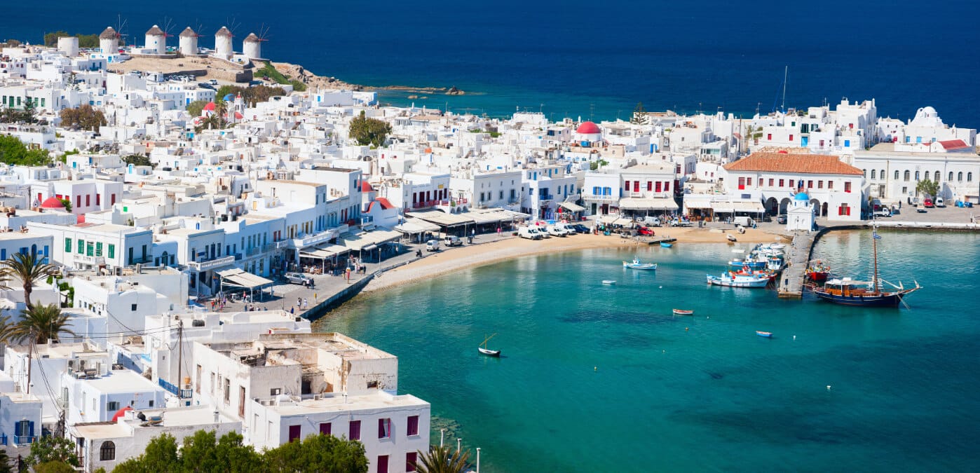 Panorama of traditional greek village with white houses on Mykonos Island, Greece, Europe